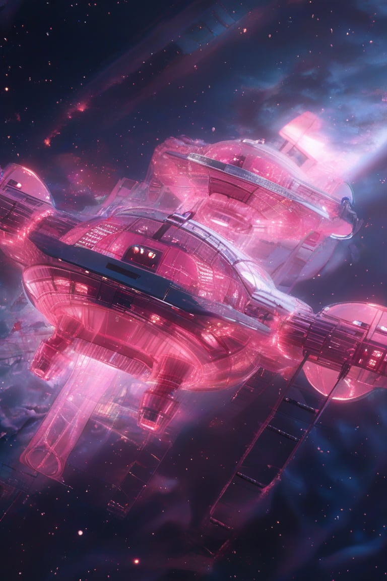 A futuristic 3D pink space station hangs suspended in mid-air, its curvaceous modules glowing with a soft pink hue under warm ambient lighting. The outer rim of the station is encased in a translucent material, casting a subtle glow on the dark background. In the foreground, a sleek spaceship approaches, its metallic surface reflecting the pink light as it prepares to dock.