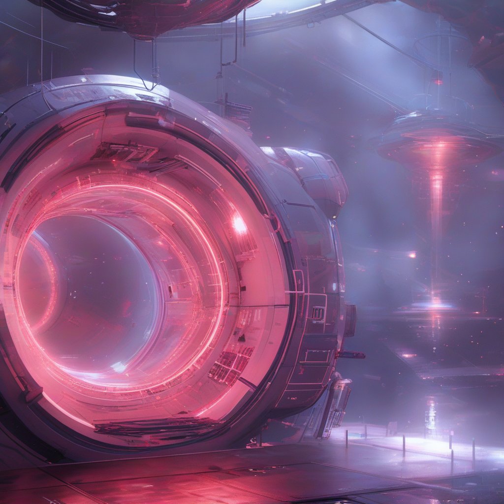 A futuristic 3D pink space station hangs suspended in mid-air, its curvaceous modules glowing with a soft pink hue under warm ambient lighting. The outer rim of the station is encased in a translucent material, casting a subtle glow on the dark background. In the foreground, a sleek spaceship approaches, its metallic surface reflecting the pink light as it prepares to dock.