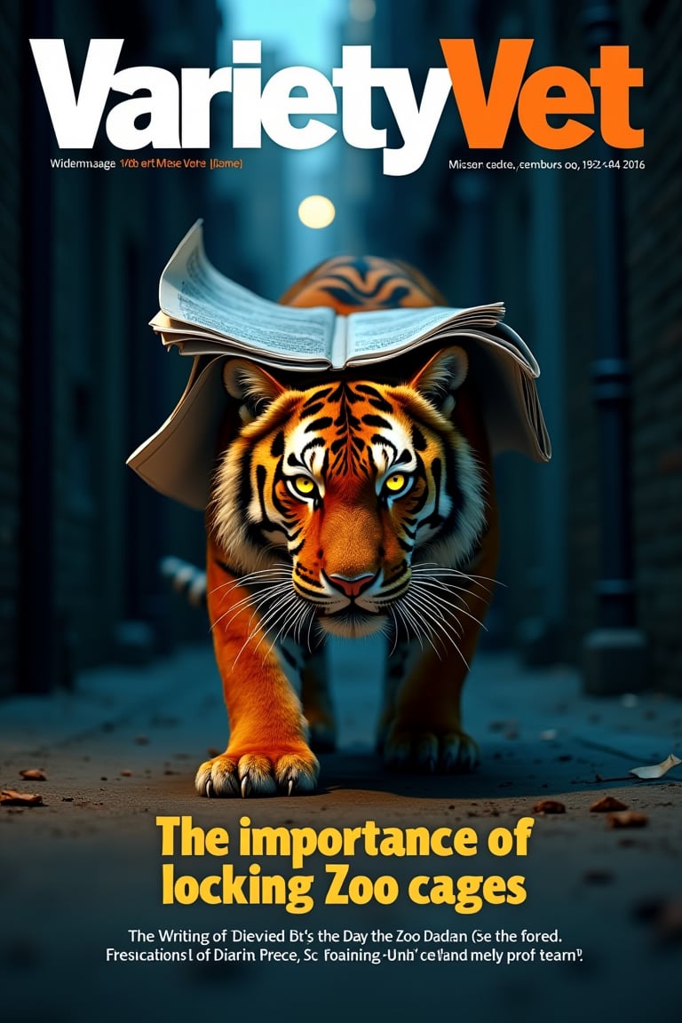 MAGAZINE COVER of a veterinarian publication issue with a tiger crawling in the shadows (with an magazine covering its head with its pages flickering in the air) stalking in a dark city alleyway, the tiger's glowing bright eyes are the most visible in the dark, the name of the publication is displayed prominently with the text "Variety Vet" and the cover describes an article about "The importance of locking Zoo cages"