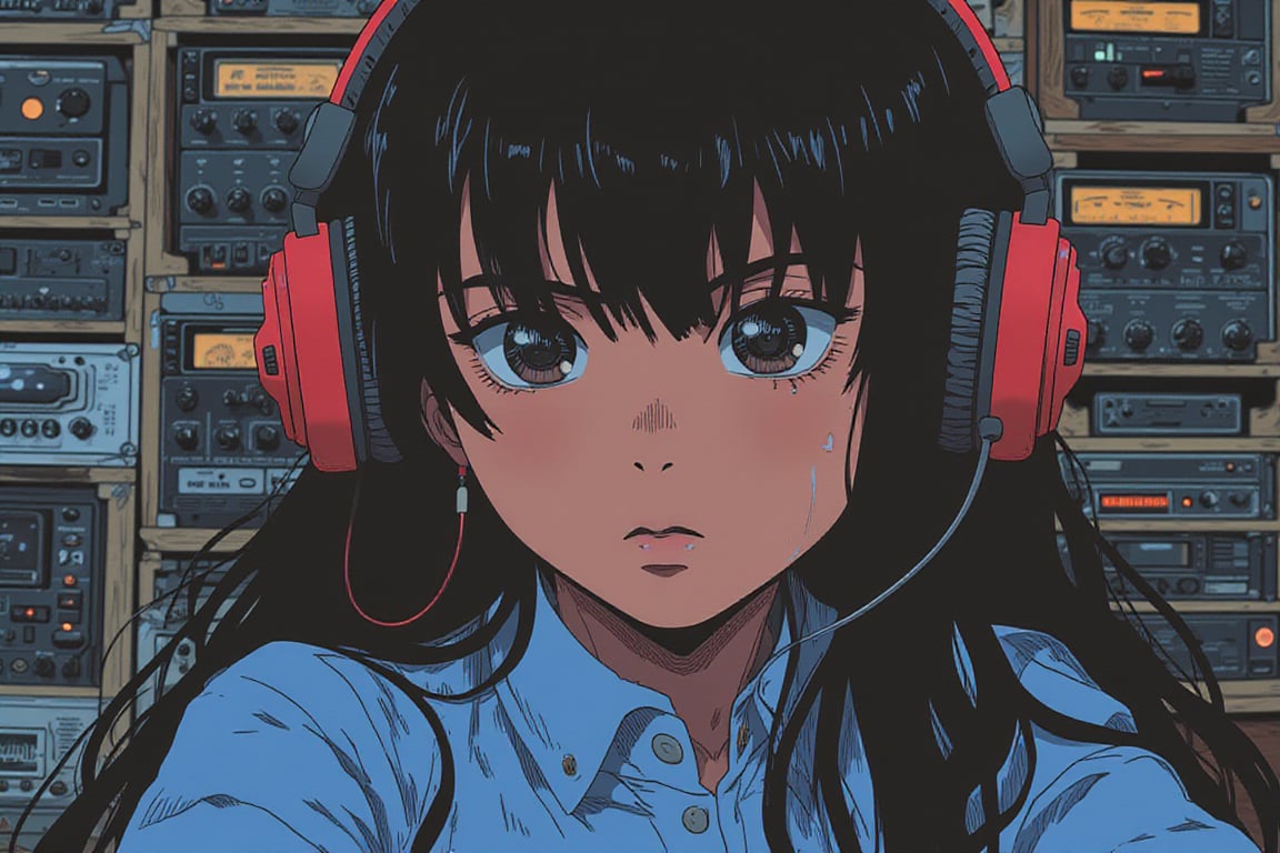 Anime style art by J.C. Leyendecker. Photo Close up of a girl with long black hair and bangs is wearing a light blue shirt.  Behind her is a wall of sound equipment. The headphones are red and black.