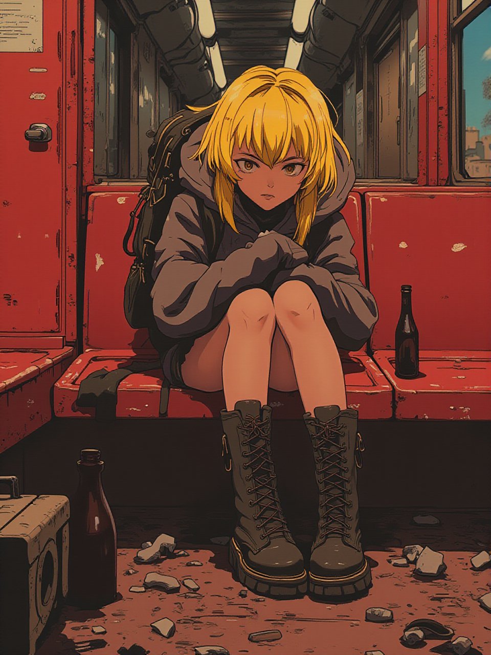 Anime style art by J.C. Leyendecker. Photo Close up of a blonde woman, sitting on train, red interior, rust, garbage on the floor, broken bottles.  She wear a backpack and hicking boots.