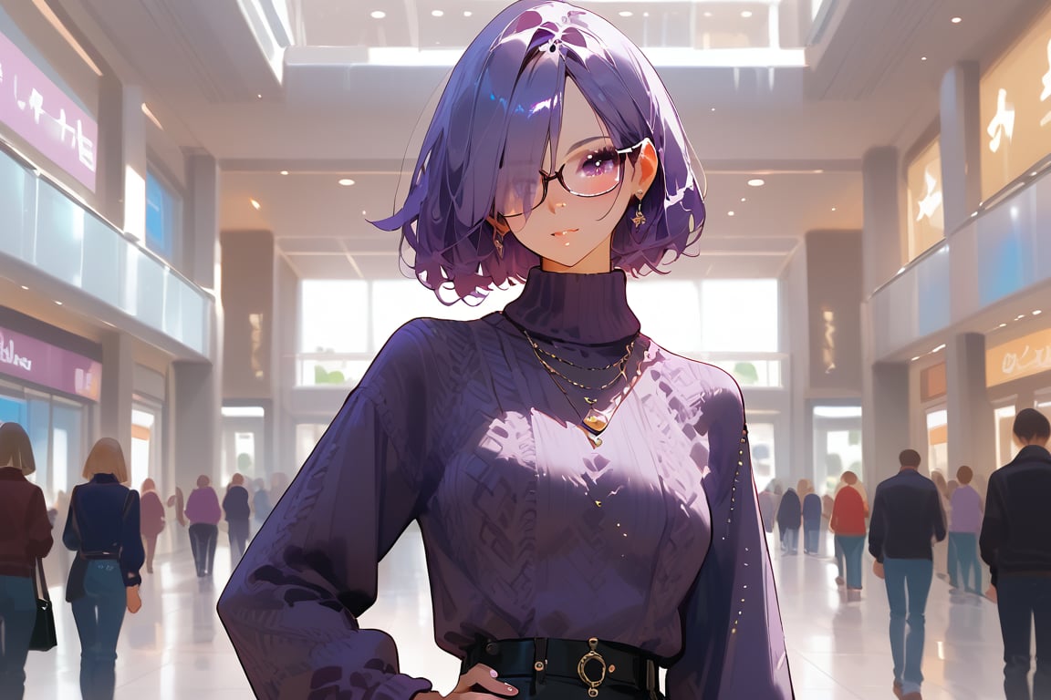 1girl, (masterpiece), Shiny skin, Best quality, Expressive eyes, Bob cut hairstyle, Purple hair, Glasses, Hair covering one eye, Purple eyes, Purple Sweater, Hands on hip, Slight blush, Handbag on shoulder, Mall background, score_9_up, score_8_up, score_7_up