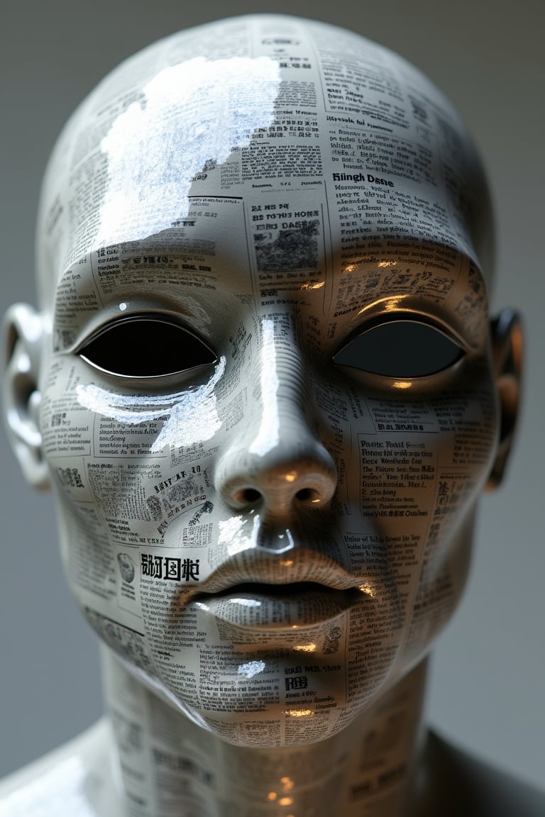 high-definition photograph of a mask crafted from layered wet newspaper, mask should have a realistic glossy shine achieved by a translucent coating that laminates the surface, skin of the mask displays various newspaper articles, with headlines, text, and images visible and slightly distorted due to the layering effect, mask's contours should follow the natural shape of a human face, with detailed features such as eye holes, a nose, and a mouth, glossy finish reflects light, creating subtle highlights and giving the mask a striking, polished appearance, lighting should be soft but focused, emphasizing the glossiness of the translucent coating and the texture of the layered newspaper, image should convey a sense of creativity and craftsmanship, symmetrical composition,
 game asset, blender, rule of thirds, golden ratio, octane render, photorealism, cinematic realism, unreal engine
