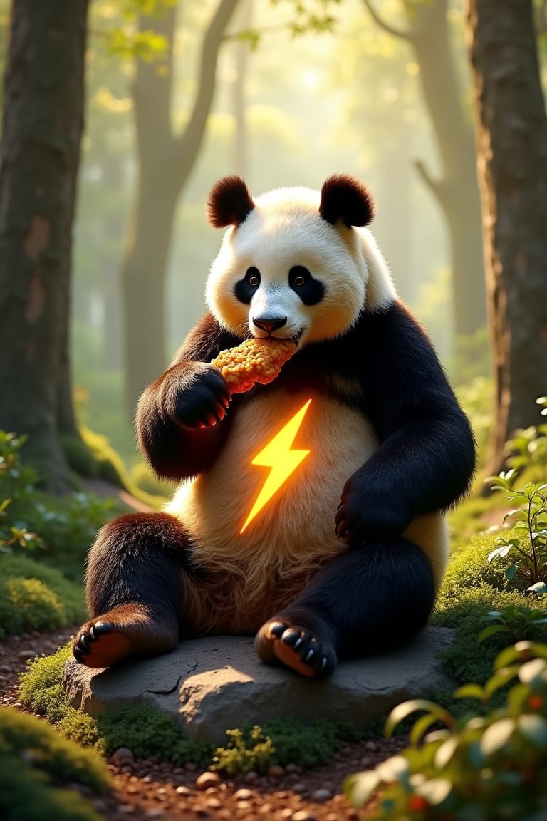 In a lush, sun-dappled clearing deep within the woods, a giant panda sits comfortably on a natural rock formation, surrounded by tall trees and underbrush. He holds a crispy piece of fried chicken in his paw, taking a leisurely bite as he savors the savory flavors. The lighting is soft and warm, casting dappled shadows across the forest floor. panda body have a glowing thunderbolt sign mark