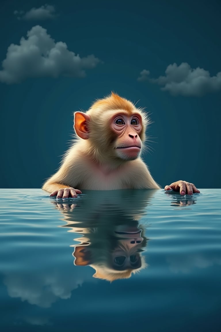 A languid monkey dips into the serene body of water, its face tilted towards the right as it succumbs to the tranquility. Eyes slightly ajar, mouth subtly agape, the primate's hands dip beneath the surface, creating ripples that distort its reflection in the lower-right corner of the frame. Against the deep blue backdrop, wispy clouds drift lazily, as the monkey's serene pose is mirrored in the calm waters.