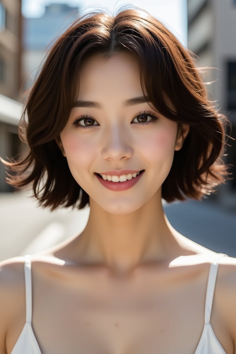 A 24-year-old Japanese beauty Maiko poses confidently in a stylized street snap setup, basking in the warmth of bright outdoor light. Her short, rich brown hair frames her expressive eyes, conveying a thousand emotions with effortless ease. A charming smile highlights her slender yet curvaceous physique, as pale skin glistens with photorealistic precision, drawing the viewer's gaze to her captivating features. upper body portrait, from frontal low-angle