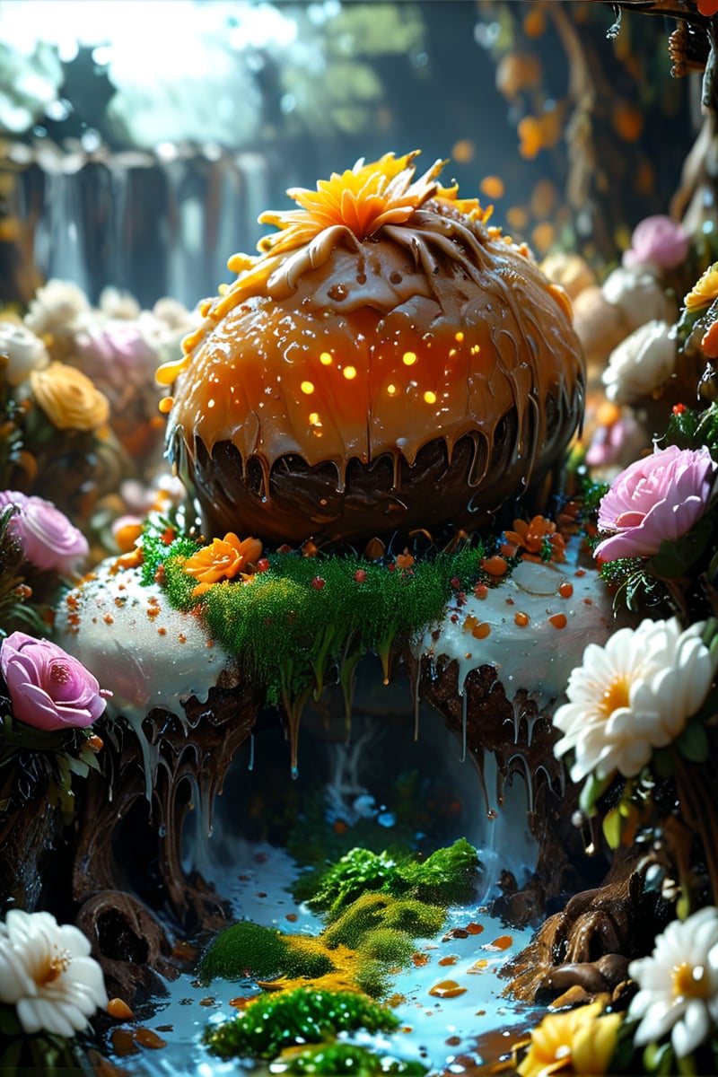 ultra detailed, animation fantacy, masterpiece, score_9, score_8, score7,  (crazy strange cake monster), adicted to cake, in a wonderland made of cake.  wonderland, grass,flowers trees and a waterfall.