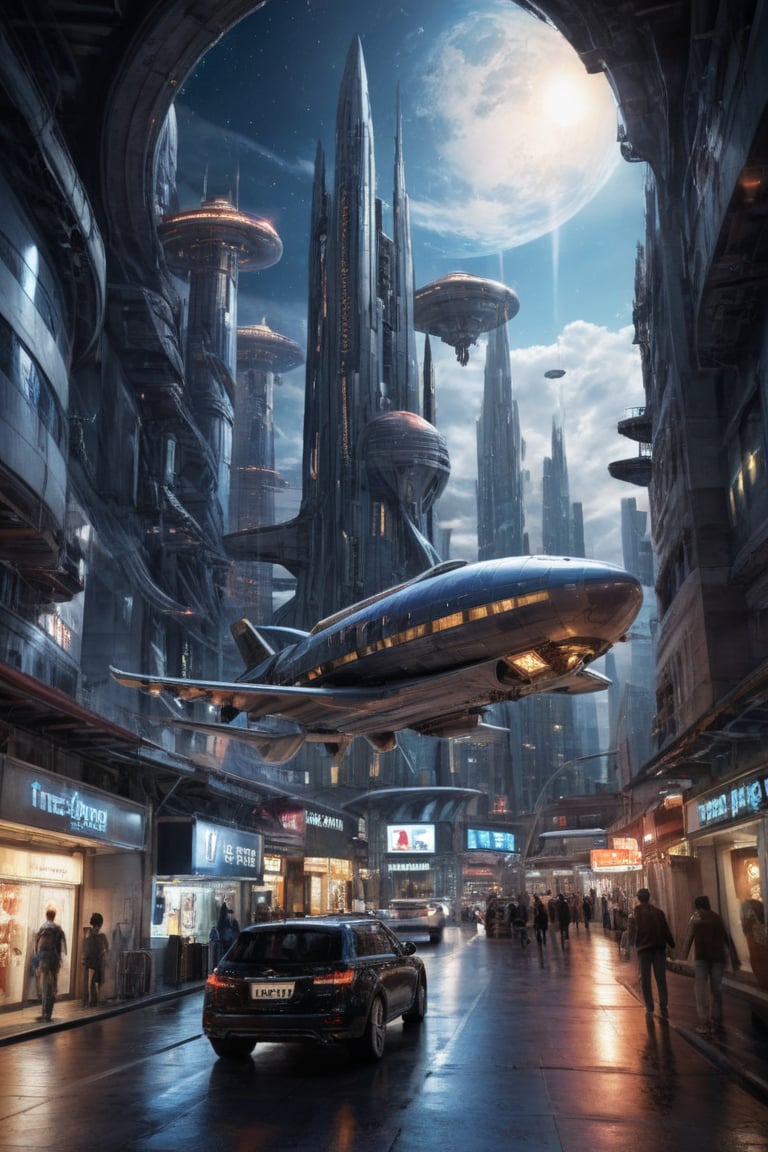 score_9, score_8, score_7, Captured from a high-angle perspective, a spaceship is soaring through the air. The spaceship is adorned with a large round, shiny, reflective reflective surface. Its arms are stretched out, adding a touch of depth to the scene. To the right of the spaceship, a row of tall buildings can be seen. The buildings are adorned with numerous windows, each with a unique design. The sky is a deep blue, dotted with white clouds. A few vehicles are moving on the road below the spaceship.