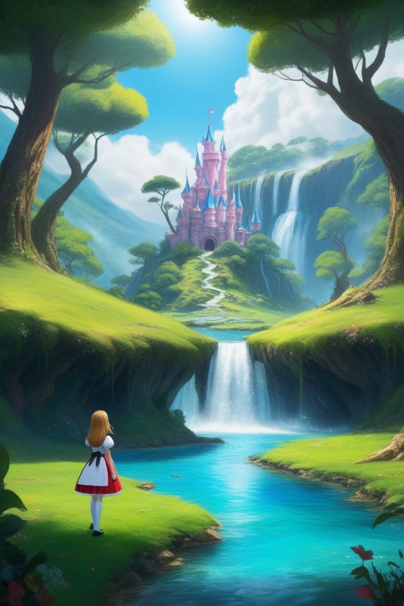 source_anime, rating_safe, best quality, masterpiece, score_9, score_8_up, score_7_up,  1girl, ((alice in wonderland)), close up, depth of view, vivid colors, Magical kingdom with grass,trees,waterfall