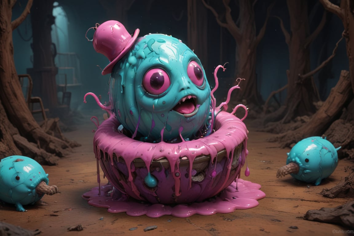 A sentient, gooey blob of fluorescent pink and blue, shaped like a giant, pulsating egg plant, floats through a swirling vortex of sentient, radioactive noodle. It's adorned with tiny glittery meatballs as antennae, and its mouth emits a neon slime. The blob is tangled in a giant anthropomorphic cactus wearing  a top hat. The scene is a surreal, dark-humored, post-apocalyptic carnival, with a touch of the absurd. ancient, malevolent power. dark fantasy but vibrant, ink, macabre, still life,