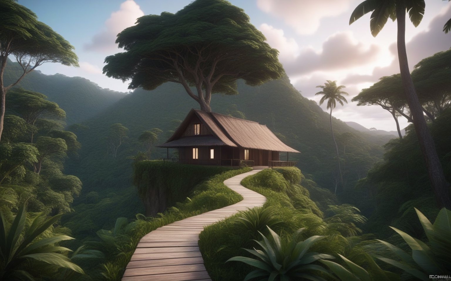 a small house on the left side of a path leading uphill to tropical teak forest on the hills. Amazing details, breathtaking, dramatic angles, eerie sky, delicate, contrast, perfect lighting and  reflections,unreal engine 5, RTX on,ultra HD, 16k, masterpiece,kedamamilk