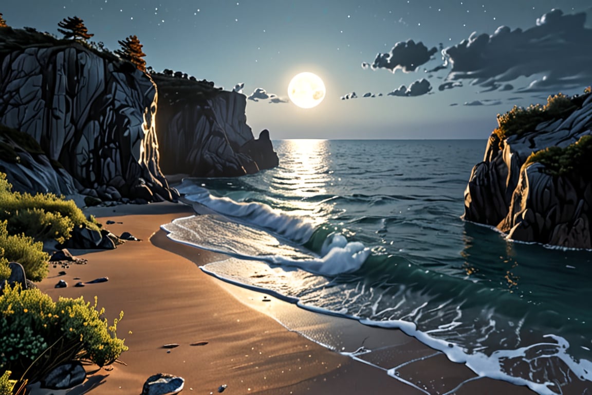 hyper detailed, ultral realism, score_9, score_8, score_7, A tranquil beach scene under the light of a full moon. The waves gently lap at the shore, reflecting the silvery moonlight. Tall, dark cliffs frame the beach, and bioluminescent algae glow softly in the water. The sky is filled with stars, and the air is thick with a sense of mystery and calm, serene and mysterious, high contrast between dark cliffs and glowing water 