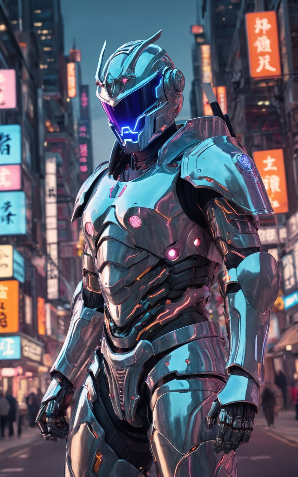 Digital illustration depicting a futuristic samurai warrior in sophisticated cybernetically enhanced armor. The samurai's face is hidden inside an advanced holographic helmet, Samurai armor combines traditional Japanese design elements, such as decorative shoulder guards and sashes, with advanced cybernetic enhancements such as articulated joints, glowing circuitry, and metallic luster. A dimly lit futuristic cityscape background filled with towering skyscrapers and neon-tinged clouds,,cyberhelmet,real robot