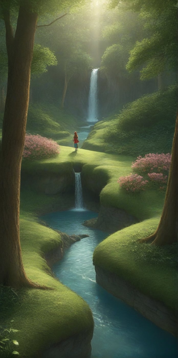 source_anime, rating_safe, best quality, masterpiece, score_9, score_8_up, score_7_up,  very aesthetic, absurdres, perfect anatomy,  ((alice in wonderland)), close up, depth of view, vivid colors, Magical kingdom with grass,trees,waterfall