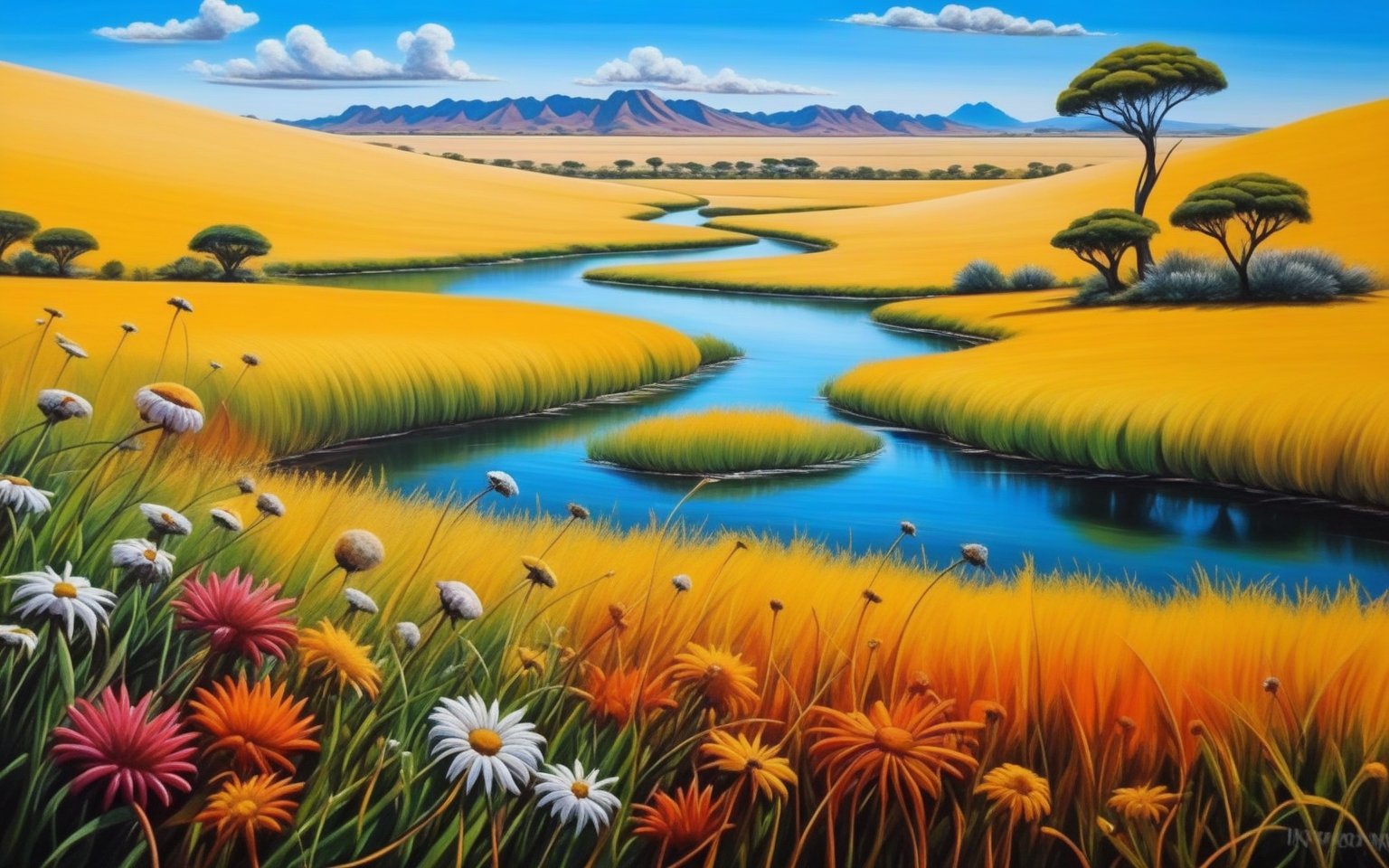 masterpiece oil painting by trending artist in the style of surrealism, (((The South African National Flower)) ,high resolution and contrast and color contrast,  depth of view, grass,river, bush