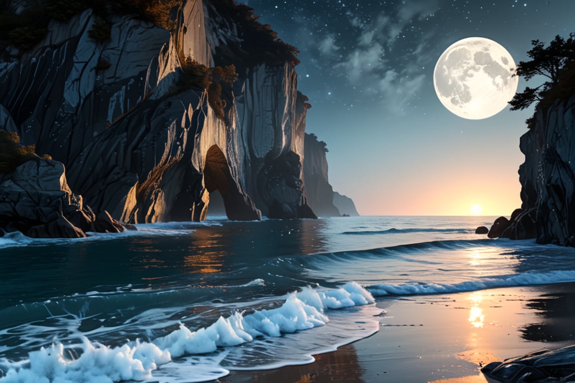 hyper detailed, ultral realism, score_9, score_8, score_7, A tranquil beach scene under the light of a full moon. The waves gently lap at the shore, reflecting the silvery moonlight. Tall, dark cliffs frame the beach, and bioluminescent algae glow softly in the water. The sky is filled with stars, and the air is thick with a sense of mystery and calm, serene and mysterious, high contrast between dark cliffs and glowing water 