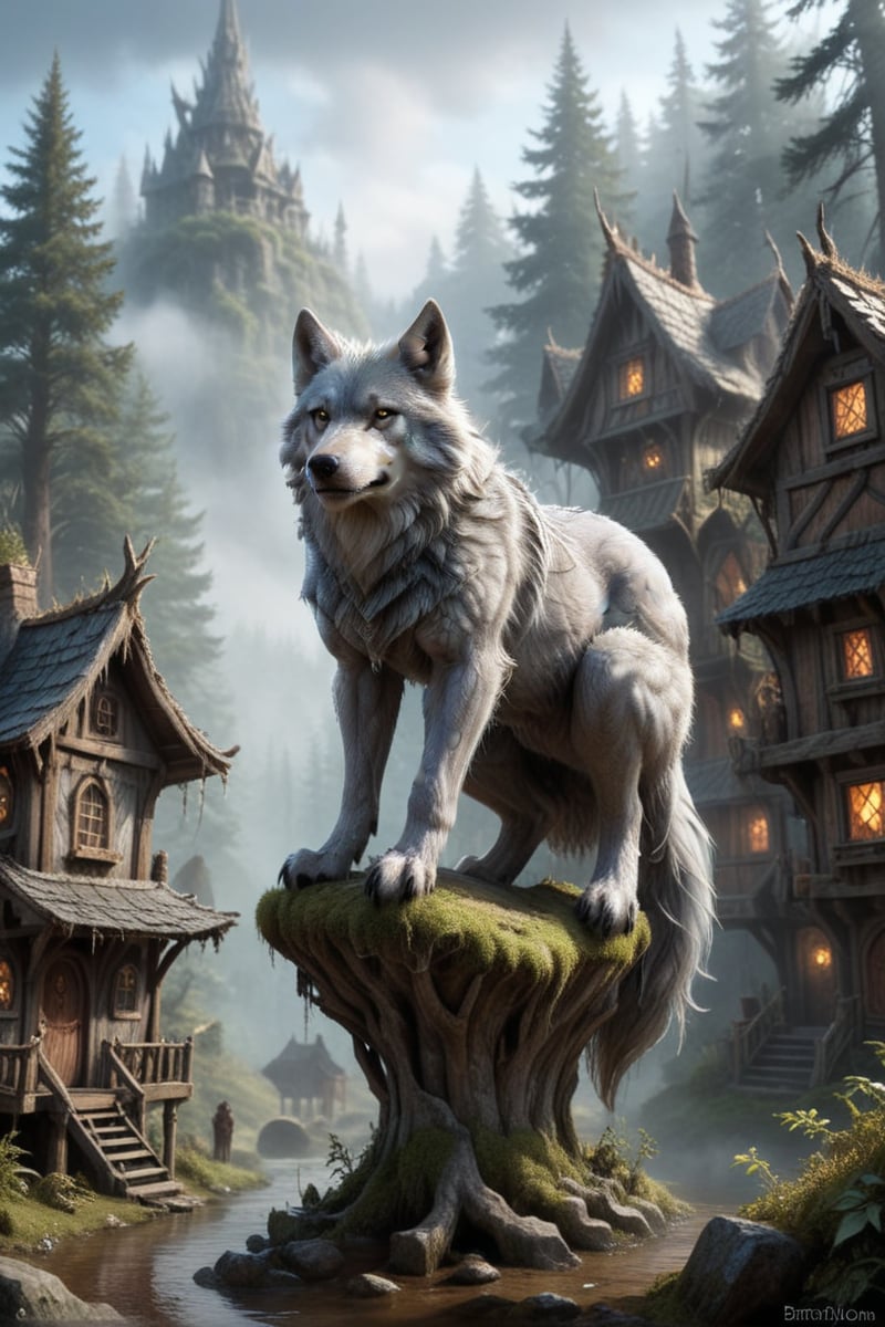 ultra realism, Surreal fantasy, Surreal masterpiece,  score_9, score_8, score_7, A portrait colossal  wolf with silver-gray fur:1.44, standing majestically in a misty enchanted forest. Perched on its broad back is an intricate village of tiny dwarf houses. Scale difference emphasized between the massive wolf and the tiny dwellings. Soft, ethereal lighting bathes the entire scene in a dreamlike quality.