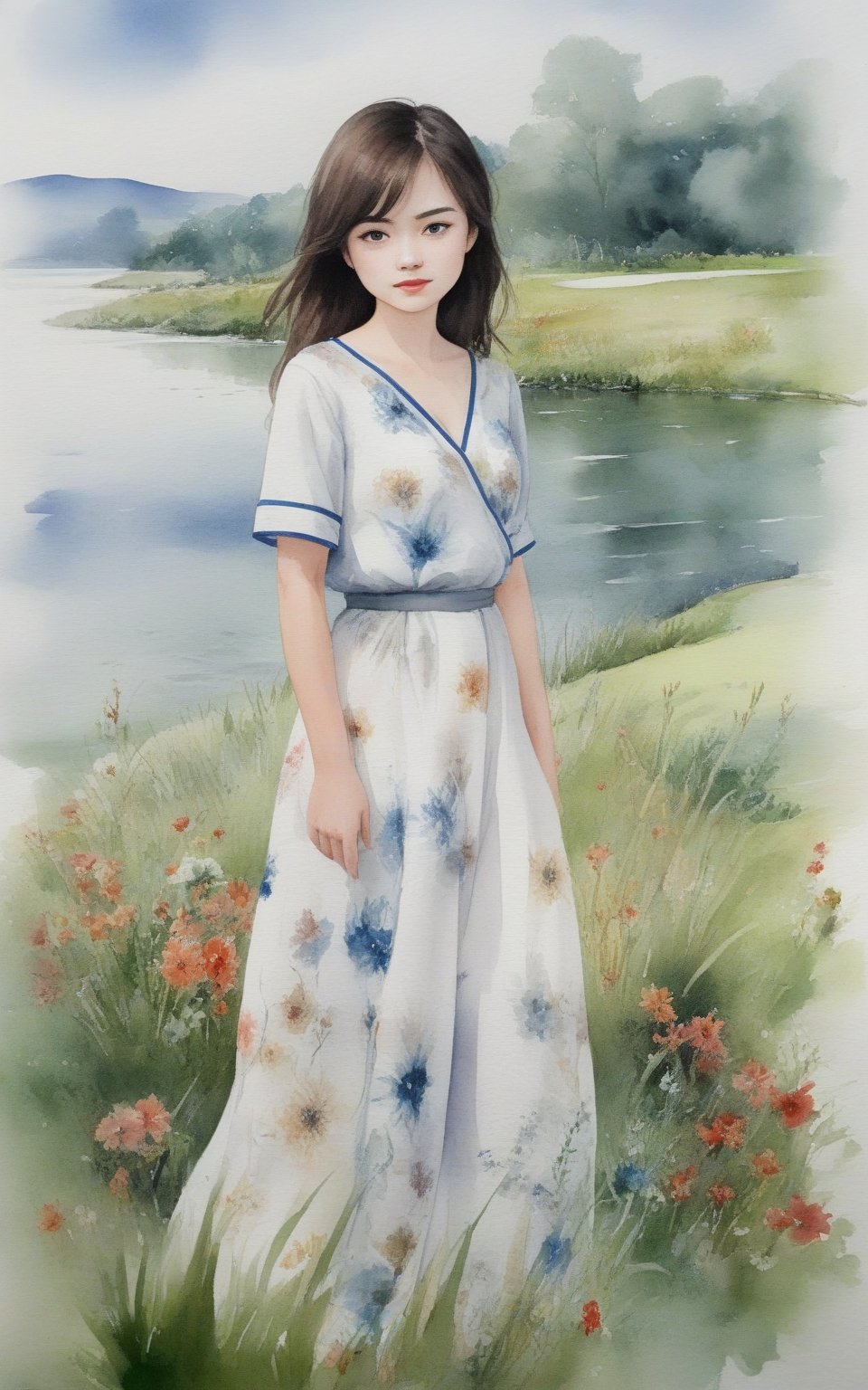 masterpiece, (((watercolor painting by J.M.W. Turner))), score_9, score_8, score_7, A very beautiful girl, looking at viewer, full body, Vietnamese, detailed face, beautiful eyes, white background, ink brushstrokes in background , looking at viewer, grass,river,flowers