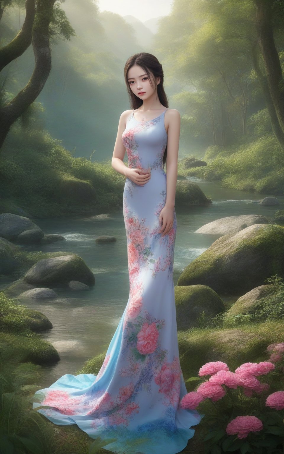 Ultra Realism, Profesional photograhy, RAW Photo, UHD 16K, Score_9, score_8, score_7, 1girl, ,illustration, vivid colors, AO DAI clothes, delicate and beautiful,CG,wallpaper, absurdres,huge filesize,ultra-detailed,highres,beautiful detailed girl, forest,river,flowers