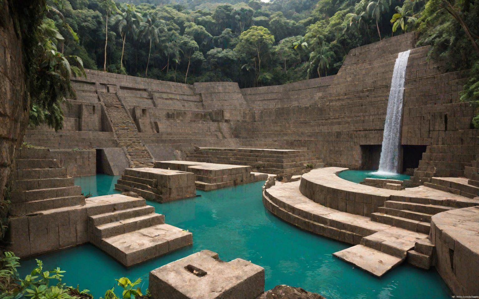 hyperdetailed, ulrtra realism, RAW photo  UHD 16K , score_6, score_5, score_4, A scene from the Bronze Age, A dam made of large blocks runs right through a canyon in the tropical rainforest, At the foot of the dam is a large water basin,The dam is decorated with Mayan-style symbols and motifs