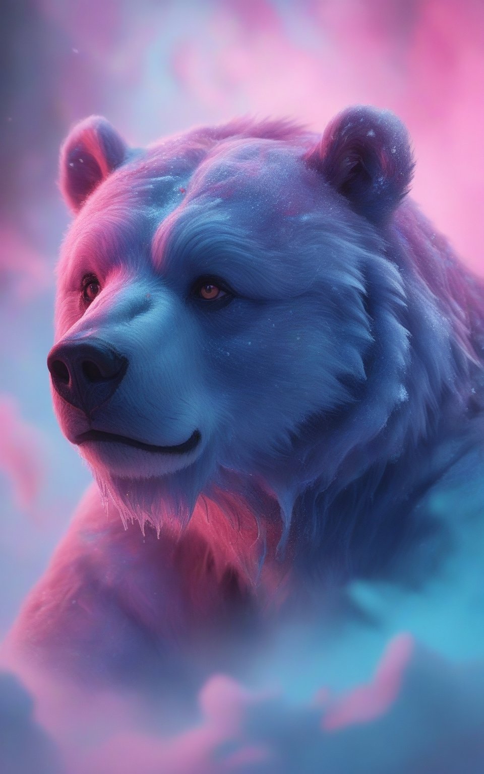 airbrush, poster, frame, Art Decó, 3d, relief, dynamic image of a polo bear formed entirely from vibrant blizzard and swirling snow. The polo bear should appear fierce and majestic, with its body composed of intricate patterns of ice that glow in shades of winter. Infuse the blizzard with a rich palette of twisting colors, including deep blues, purples, greens, and bright pinks, creating a mesmerizing and surreal effect. The smoke should billow around it in soft gradients of gray, black, and hints of iridescent colors, adding depth and contrast. The background should be a dark, dramatic setting that highlights the fierce polo bear, evoking a sense of power and wildness, while the multitude of colors enhances the overall sense of movement and energy