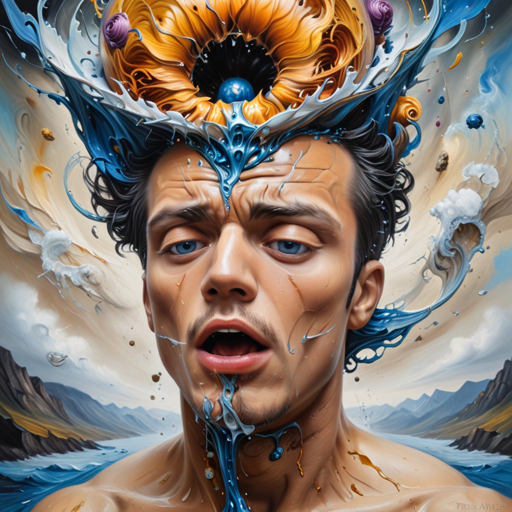 Create a surreal masterpiece oil painting by popular trending artist:"a mans head exploding from excitement" ultra detailed and intricate, blend a mixture of classic art with modern surrealism showcasing art that no one has ever seen before.