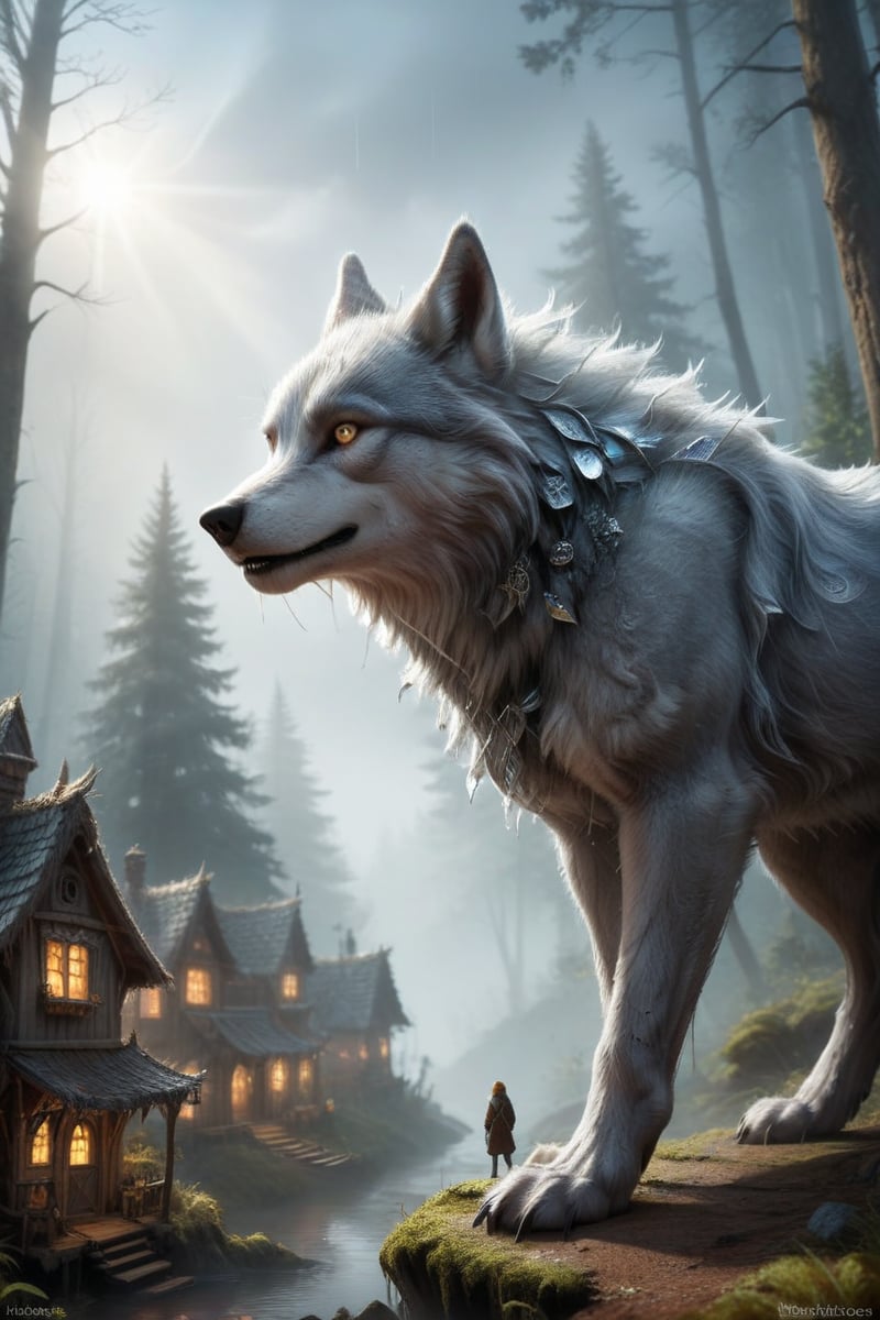 ultra realism, Surreal fantasy, Surreal masterpiece,  score_9, score_8, score_7, A portrait colossal  wolf with silver-gray fur:1.44, standing majestically in a misty enchanted forest. Perched on its broad back is an intricate village of tiny dwarf houses. Scale difference emphasized between the massive wolf and the tiny dwellings. Soft, ethereal lighting bathes the entire scene in a dreamlike quality.