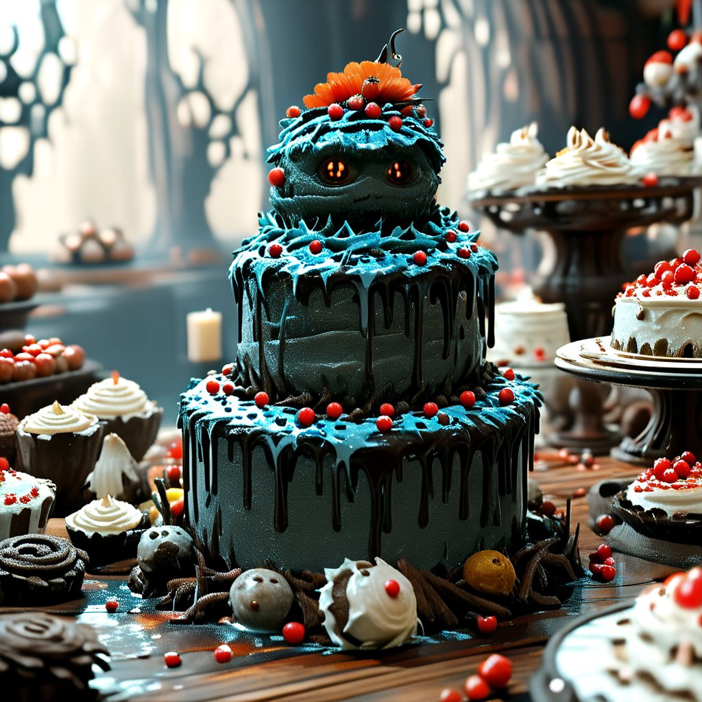 ultra detailed, animation fantacy, masterpiece, score_9, score_8, score7,  (crazy strange cake monster:1.66), adicted to cake, in a wonderland made of cake.  wonderland, grass,flowers trees and a waterfall.