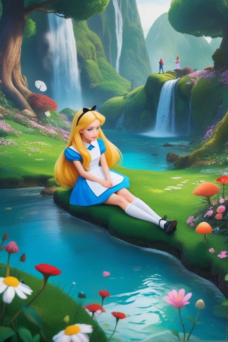 source_anime, rating_safe, best quality, masterpiece, score_9, score_8_up, score_7_up,  1girl, ((alice in wonderland)), close up, depth of view, vivid colors, Magical kingdom with grass,trees,waterfall