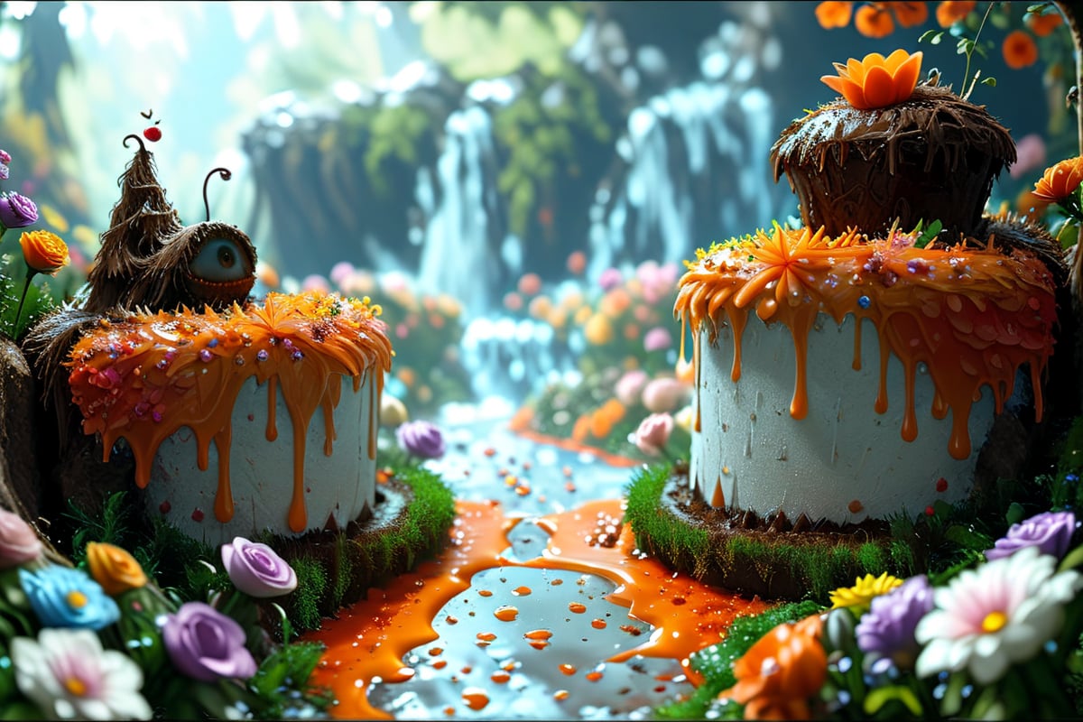 ultra detailed, animation fantacy, masterpiece, score_9, score_8, score7,  crazy strange cake monster adicted to cake in a wonderland made of cake.  wonderland, grass,flowers trees and a waterfall.