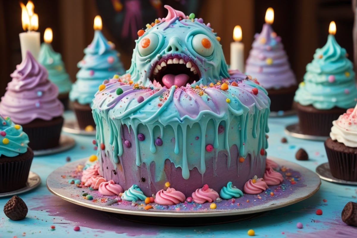 A whimsical and surreal scene featuring a mad, crazy cute zombie with a peculiar addiction to cake, wandering through a fantastical wonderland entirely made of cake. The zombie, adorned with colorful icing and sprinkles, is caught in a gleeful dance, eyes wide with delight as it nibbles on a giant, frosted cupcake. The background is a labyrinth of cake layers, candy trees, and frosting rivers, all under a sky of swirling pastel colors. The lighting is soft and sugary, casting a dreamlike glow over the entire scene, emphasizing the strange yet endearing charm of the cake-loving zombie in this sweet wonderland.