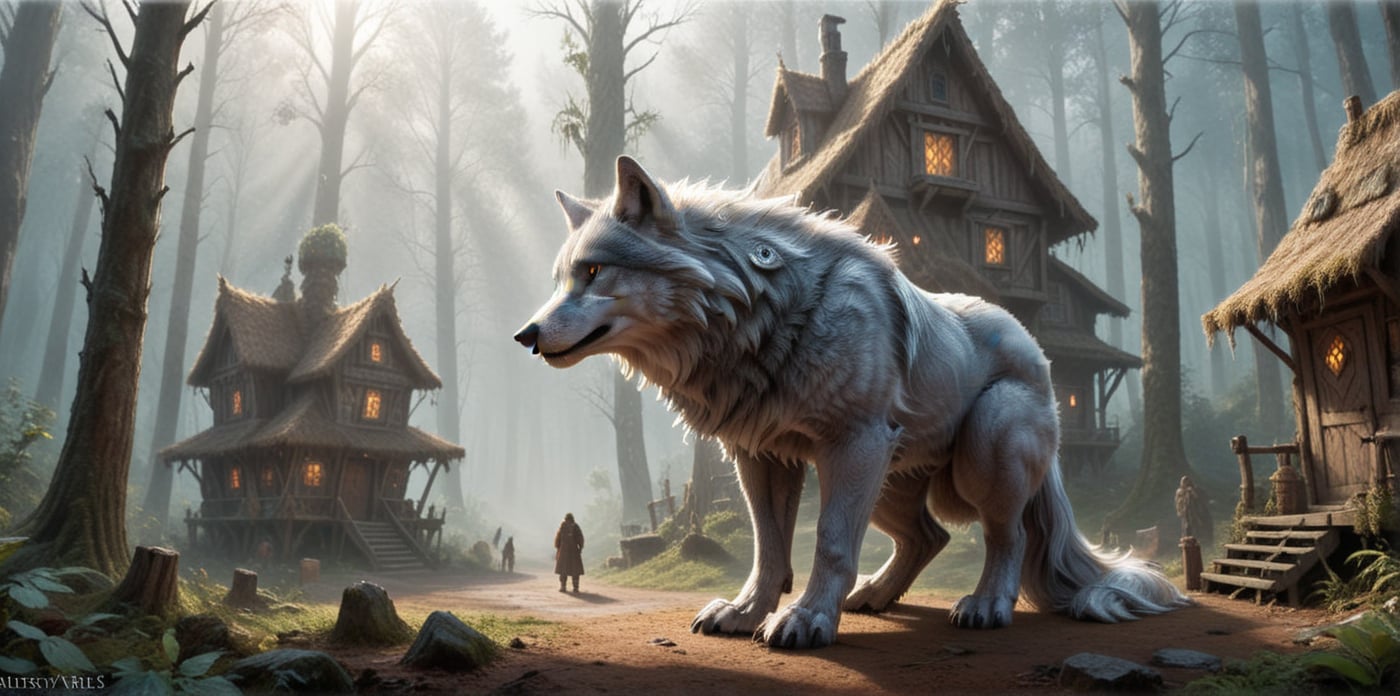 ultra realism, Surreal fantasy, Surreal masterpiece,  score_9, score_8, score_7, A portrait colossal  wolf with silver-gray fur:1.44, standing majestically in a misty enchanted forest. Perched on its broad back is an intricate village of tiny dwarf houses. Scale difference emphasized between the massive wolf and the tiny dwellings. Soft, ethereal lighting bathes the entire scene in a dreamlike quality.