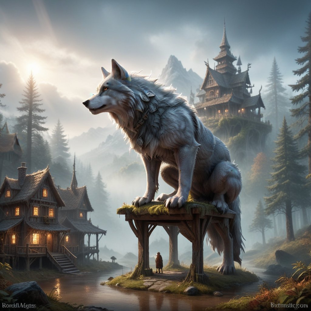 ultra realism, Surreal fantasy, Surreal masterpiece,  score_9, score_8, score_7, A portrait colossal  wolf with silver-gray fur:1.44, standing majestically in a misty enchanted forest. Perched on its broad back is an intricate village of tiny dwarf houses. Scale difference emphasized between the massive wolf and the tiny dwellings. Soft, ethereal lighting bathes the entire scene in a dreamlike quality.