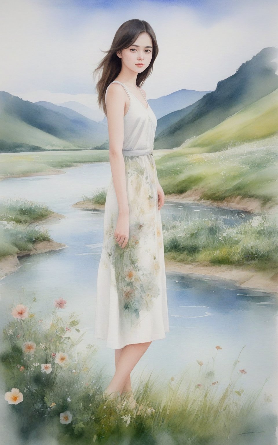 masterpiece, (((watercolor painting by J.M.W. Turner))), score_9, score_8, score_7, A very beautiful girl, looking at viewer, full body, Vietnamese, detailed face, beautiful eyes, white background, ink brushstrokes in background , looking at viewer, grass,river,flowers