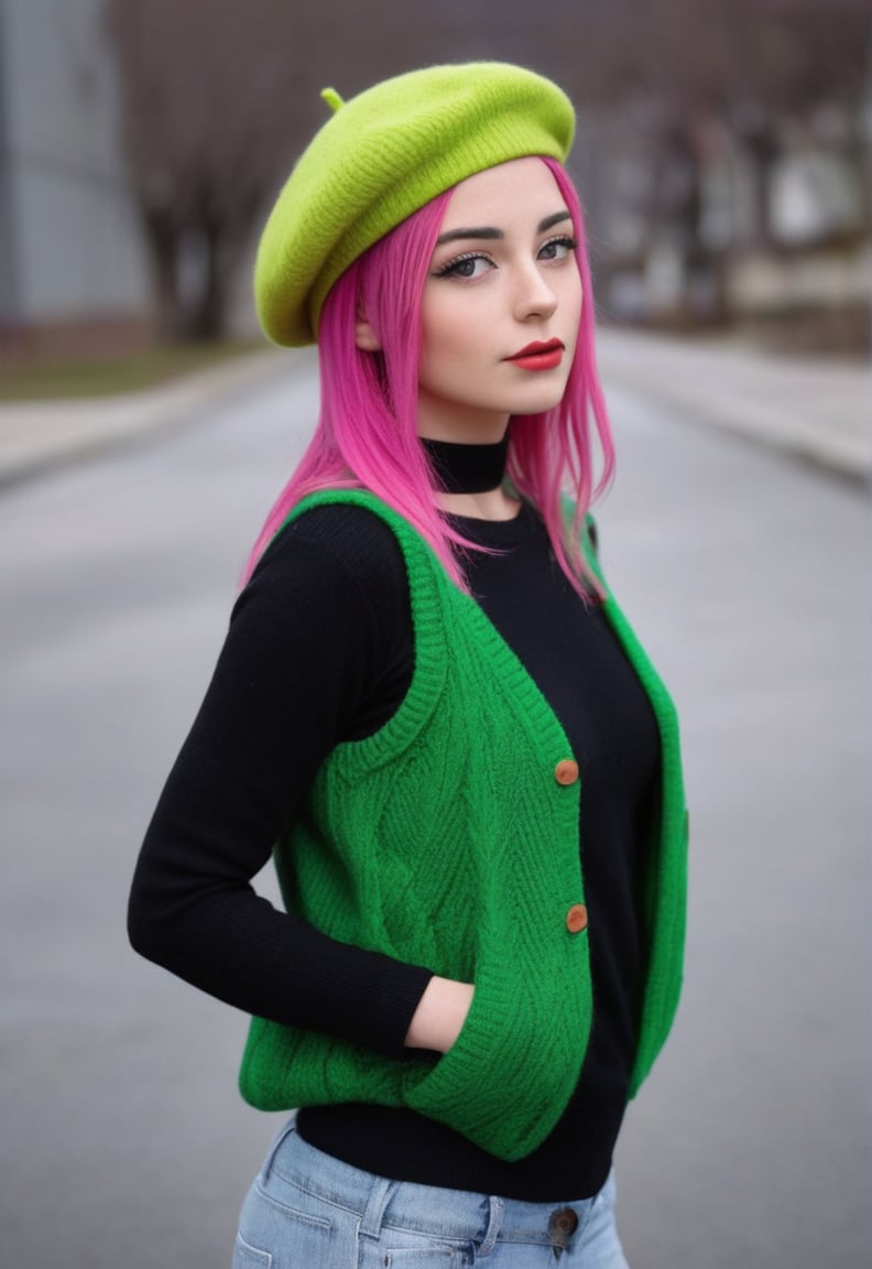 score_9, score_8, score_7, 1girl,hipster,wool beret,sweater,neon green hair,vest,tattoos,highly detailed,detailed skin,depth of field,film grain,.igbaddie
