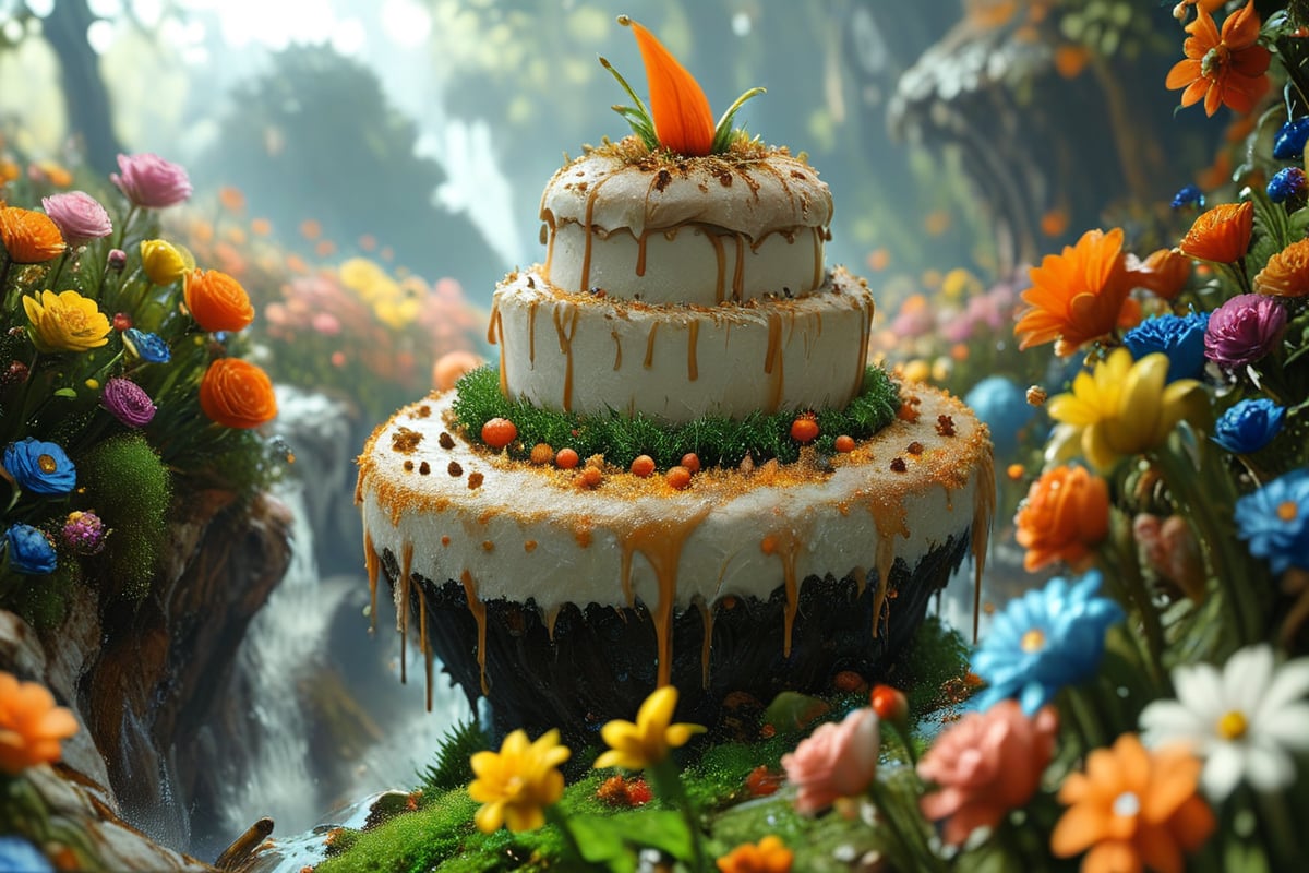 ultra detailed, animation fantacy, masterpiece, score_9, score_8, score7,  crazy strange cake monster adicted to cake in a wonderland made of cake.  wonderland, grass,flowers trees and a waterfall.