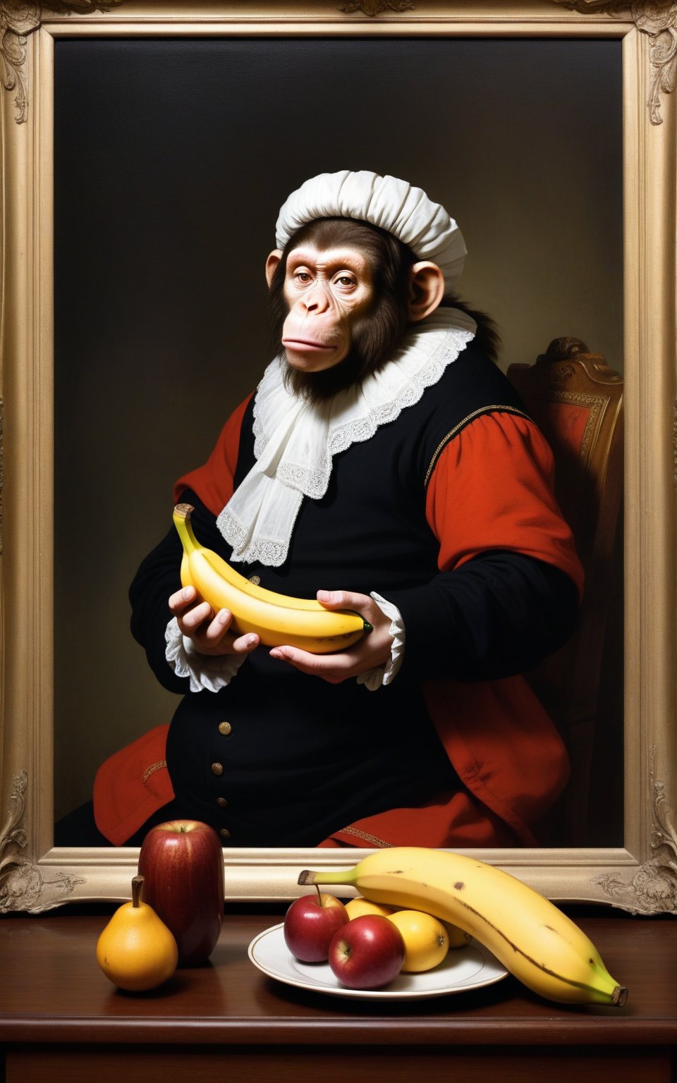 showcase the art of style (William Kentridge:1.2) and blend it with the art style of (Rembrandt van Rijn:1.2), : "a monkey eating a banana" ,