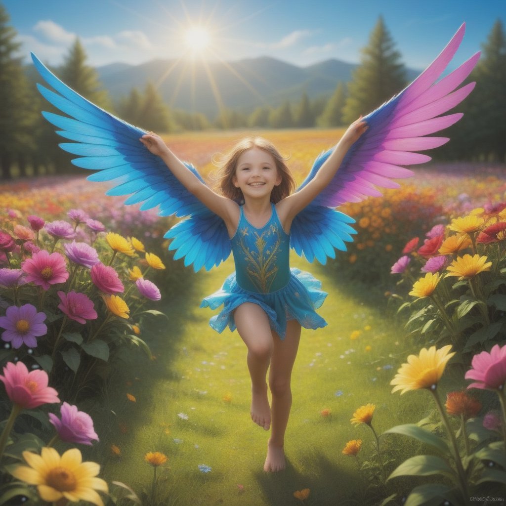 A vibrant scene of a child in playful pursuit of a mischievous pixie, darting through a sprawling field of colorful flowers under a bright, sunny sky. The child's expression is one of joyful wonder, arms outstretched, with the pixie just within reach, its wings shimmering in the sunlight. The field is alive with a variety of blooming flowers, each petal vividly detailed, creating a dynamic and enchanting composition. The lighting is soft and warm, enhancing the magical atmosphere of the scene.