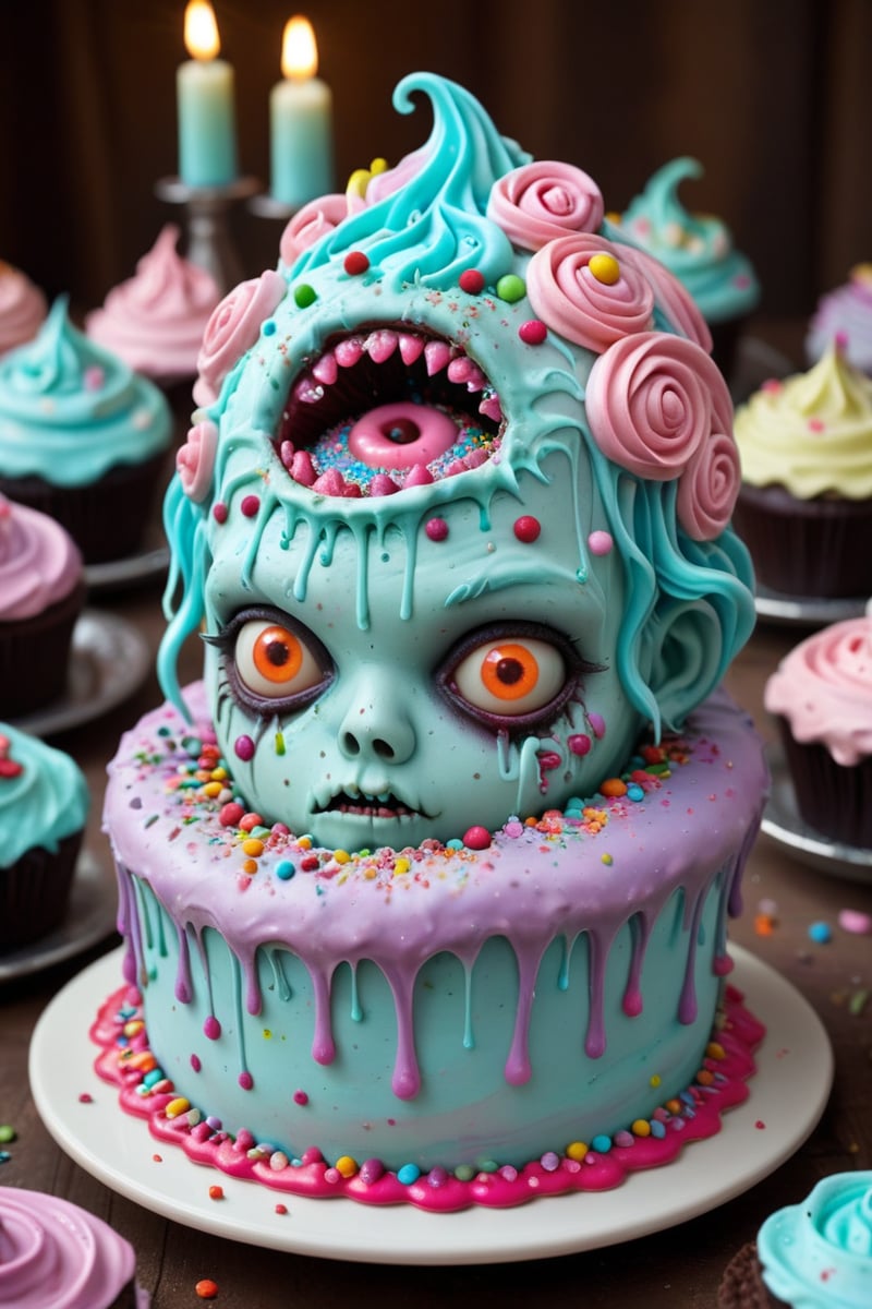 A whimsical and surreal scene featuring a mad, crazy cute zombie with a peculiar addiction to cake, wandering through a fantastical wonderland entirely made of cake. The zombie, adorned with colorful icing and sprinkles, is caught in a gleeful dance, eyes wide with delight as it nibbles on a giant, frosted cupcake. The background is a labyrinth of cake layers, candy trees, and frosting rivers, all under a sky of swirling pastel colors. The lighting is soft and sugary, casting a dreamlike glow over the entire scene, emphasizing the strange yet endearing charm of the cake-loving zombie in this sweet wonderland.