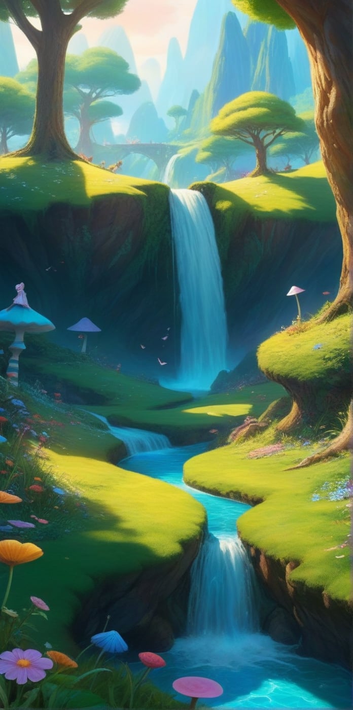 source_anime, rating_safe, best quality, masterpiece, score_9, score_8_up, score_7_up,  very aesthetic, absurdres, perfect anatomy,  ((alice in wonderland)), close up, depth of view, vivid colors, Magical kingdom with grass,trees,waterfall