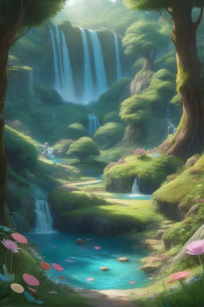 source_anime, rating_safe, best quality, masterpiece, score_9, score_8_up, score_7_up,  very aesthetic, absurdres, perfect anatomy,  ((alice in wonderland)), close up, depth of view, vivid colors, Magical kingdom with grass,trees,waterfall