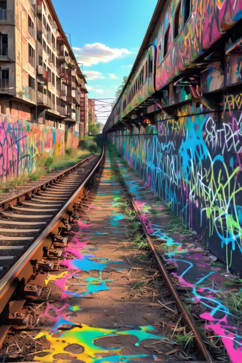 HDR, high contrast, detailed, intricate, masterpiece, oil painting by Leonardo da Vinci and Michelangelo, with a hint of Vincent van Gogh, score_9, score_8 score_7, (Old-stream train lost and graffitied:1.66), vibrant spray paint colors, urban decay, crumbling concrete, rusty metal, vandalized, reality-questioning, enigmatic, cryptic, mysterious, trippy, psychedelic, mind-bending, surreal, concept. 