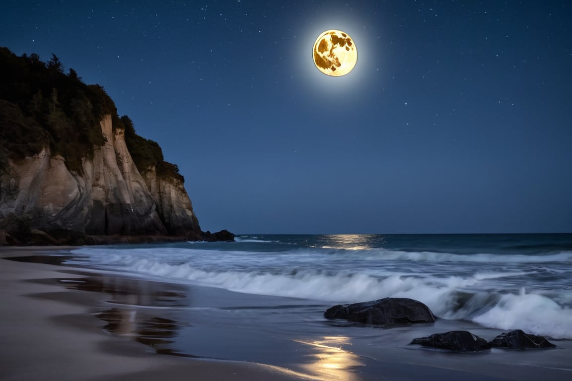 hyper detailed, ultral realism, score_9, score_8, score_7, A tranquil beach scene under the light of a full moon. The waves gently lap at the shore, reflecting the silvery moonlight. Tall, dark cliffs frame the beach, and bioluminescent algae glow softly in the water. The sky is filled with stars, and the air is thick with a sense of mystery and calm, serene and mysterious, high contrast between dark cliffs and glowing water 