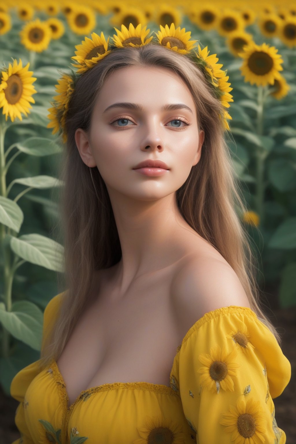 hyperdetailed, digital art, score_9, score_8, score_7, A bloom style macro shot of a beautiful young lady walking in a sunflower field, Depth of view,close up