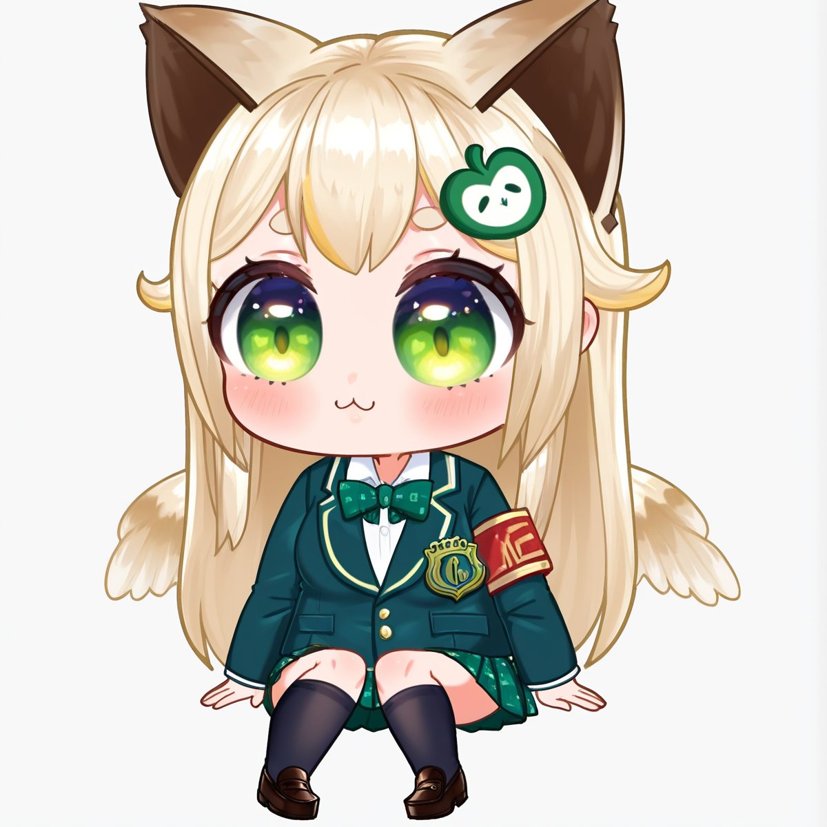 fullbody , sitting , cute , sexy , hentai ,  Emote , high quality, high res , highly detailed , white background, chibi , 1girl , solo , cute face , kawaii , sexy , twitch , 1girl , loli ,  blonde hair ,  heart , sexy , cat ears , dot eyebrow , green eyes  ,loli , feather wings , long hair , TobaRana , owl girl ,  hair ornament , feathered wings , animal ears ,virtual youtuber , student , uniform, bow , loafers