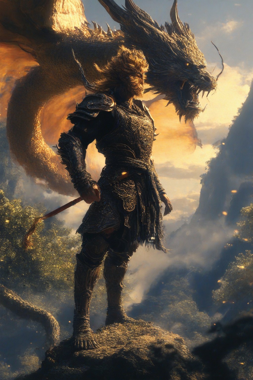 Wukong, a majestic figure clad in gleaming armor, his long beard flowing like a golden river down his chest. He stands proudly, one hand grasping the reins of a majestic dragon, its scales glinting in the warm sunlight. In the background, ancient trees tower, their leaves rustling softly as Wukong surveys his kingdom with wise, knowing eyes.,90s anime