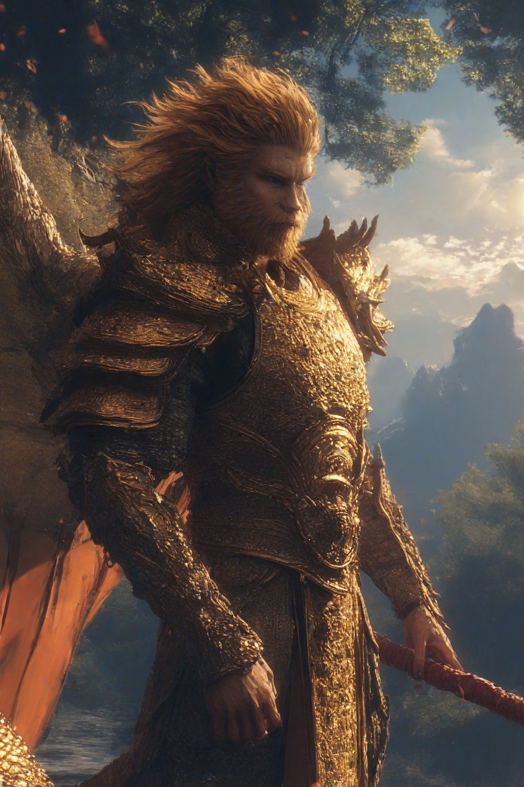 Wukong, a majestic figure clad in gleaming armor, his long beard flowing like a golden river down his chest. He stands proudly, one hand grasping the reins of a majestic dragon, its scales glinting in the warm sunlight. In the background, ancient trees tower, their leaves rustling softly as Wukong surveys his kingdom with wise, knowing eyes.,90s anime