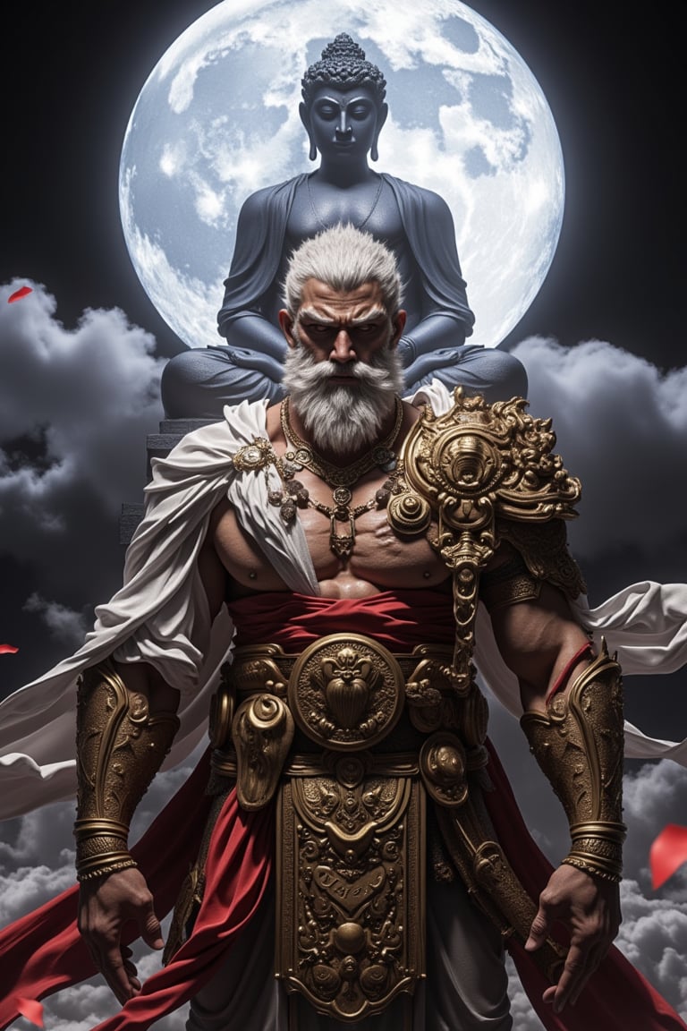 "Man, beard, chest muscles, chest hair, eight pack abs, jewelry, dynamic pose, eyes closed, white hair, night, full moon, armor, crown, reality, huge Buddha behind, a temple, plaque that says \"Tusi\""