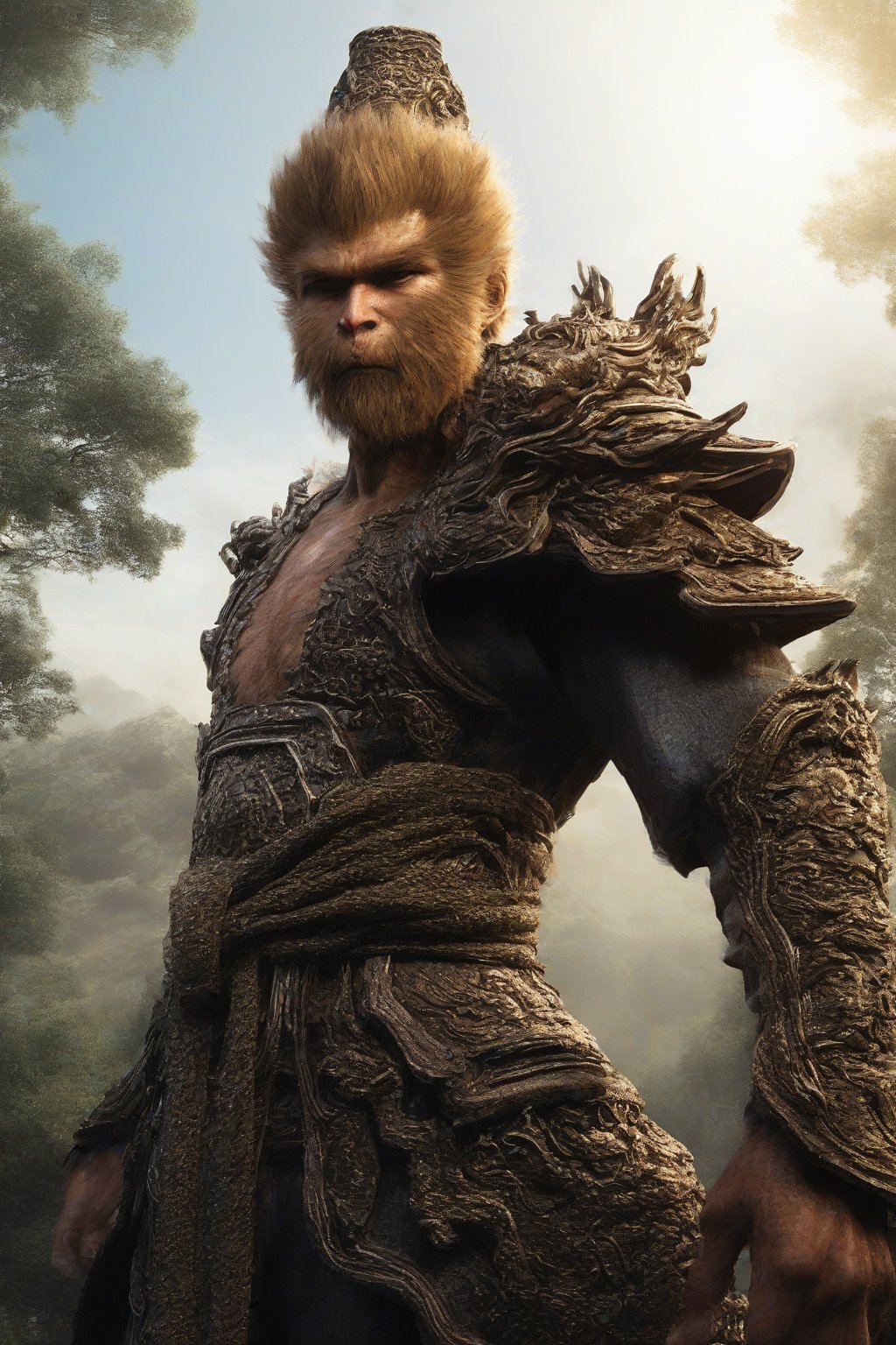 Wukong, a majestic figure clad in gleaming armor, his long beard flowing like a golden river down his chest. He stands proudly, one hand grasping the reins of a majestic dragon, its scales glinting in the warm sunlight. In the background, ancient trees tower, their leaves rustling softly as Wukong surveys his kingdom with wise, knowing eyes.