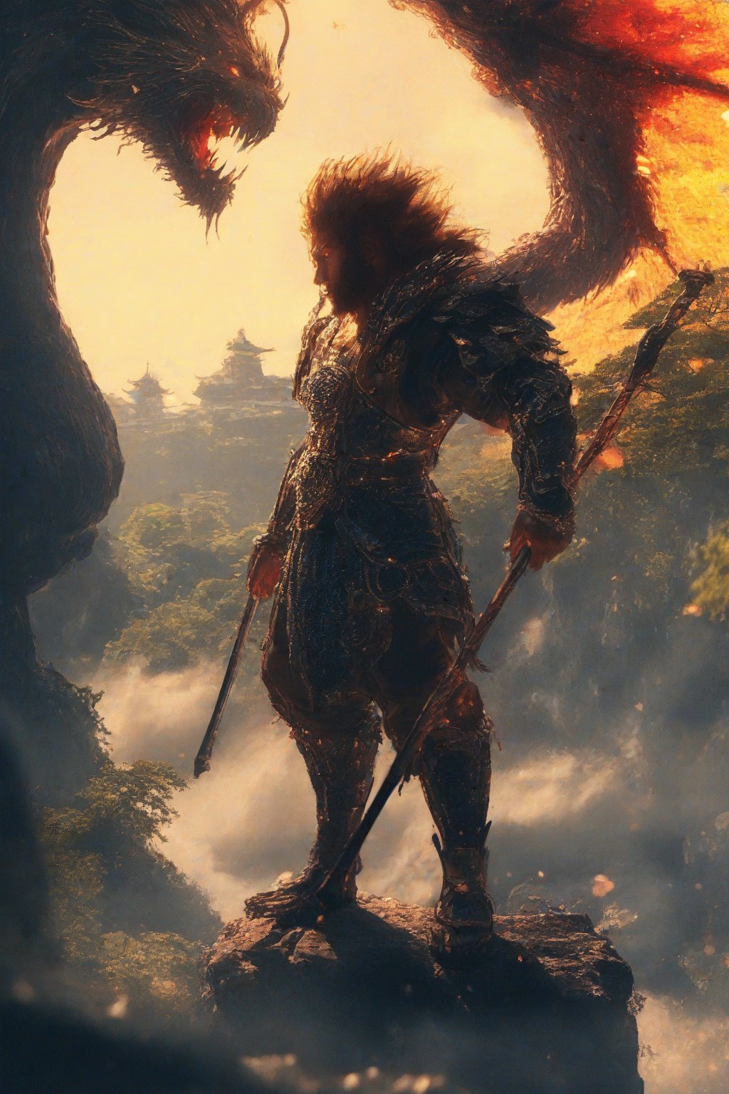 Wukong, a majestic figure clad in gleaming armor, his long beard flowing like a golden river down his chest. He stands proudly, one hand grasping the reins of a majestic dragon, its scales glinting in the warm sunlight. In the background, ancient trees tower, their leaves rustling softly as Wukong surveys his kingdom with wise, knowing eyes.,90s anime